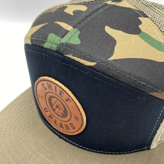 7 Panel Snapback Hat - Black/Camo/Loden - Leather Roundel