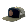 7 Panel Snapback Hat - Black/Camo/Loden - Leather Roundel