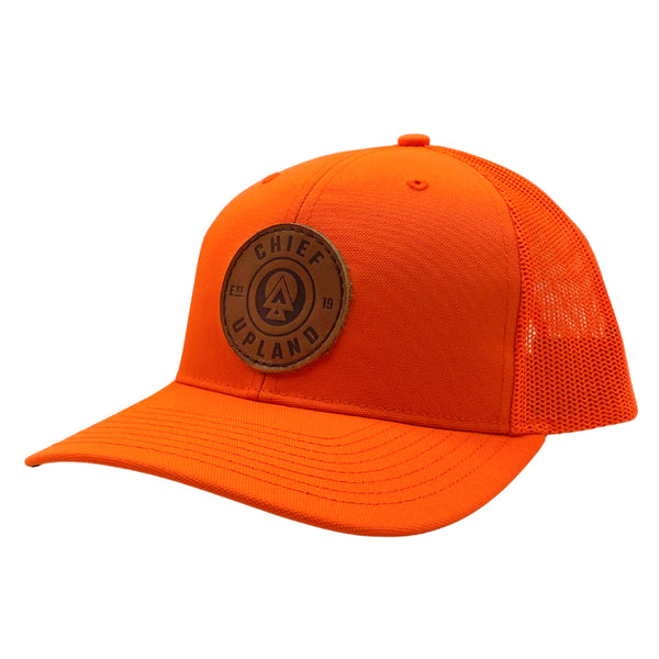 Snapback Hat - Blaze Orange - Leather Roundel – Chief Upland
